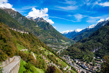 Panorama of the Valchiavenna and Bregaglia Valleys, photographed in Pianazzola in summer.