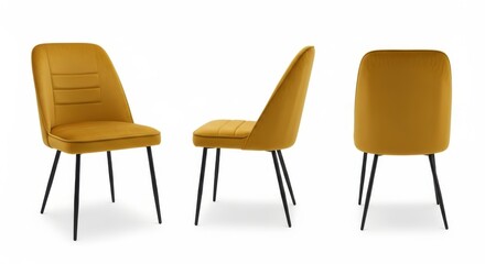 Modern mustard yellow velvet dining chairs set of three side views