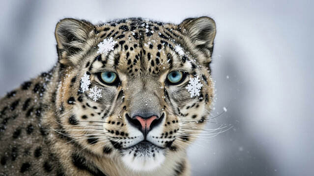 Close-up portrait of snow leopard with piercing blue eyes in winter, snowflakes resting on fur, symbol of wilderness, power, and beauty in endangered wildlife photography