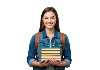 Young woman student holding stack of books isolated on transparent background