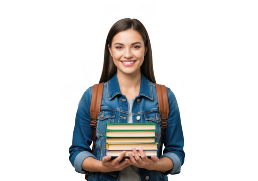 Young woman student holding stack of books isolated on transparent background