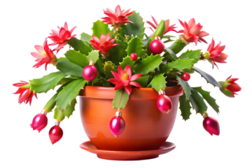 Vibrant pink christmas cactus blooming in a terracotta pot isolated on transparent background