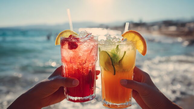 A photo of a close-up of hands toasting with summer cocktails at a poolside party/ beach, with a sunlit, refreshing background
- Powered by Adobe