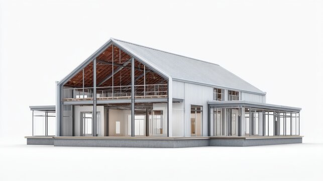 Modern architectural design of a spacious industrial-style building with large glass windows and wooden beams in an isolated environment