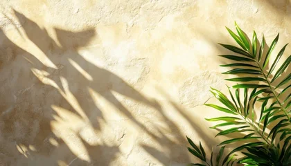 Fototapete Badezimmer A high-angle, close-up photograph shows sunlight casting shadows of tropical leaves on a light beige wall, with other leaves visible in the bottom right corner.  © Studicon