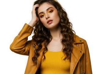 Young woman with curly hair wearing yellow top and jacket isolated on transparent background
