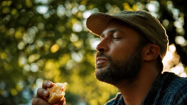 A bearded man in a cap eats a small bread roll outdoors, with the sun glowing behind him.