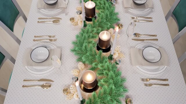 Elegant Christmas Table Setting With Greenery and Candles for Festive Dining