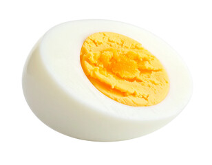 Halved boiled egg with the yolk exposed, isolated on a white background.