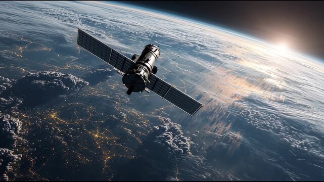 Satellite Orbits Earth Capturing Breathtaking Views of Planet Surface with Illuminated City Lights, Stunning Sunrise, and Intricate Cloud Formations Highlighting Vastness of Space, Earths Atmosphere