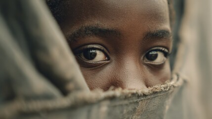 A powerful, photorealistic documentary photograph of a young Nigerian refugee girl in a camp. Her eyes are wide with a mix of anxiety and deep curiosity, staring directly at the camera. 