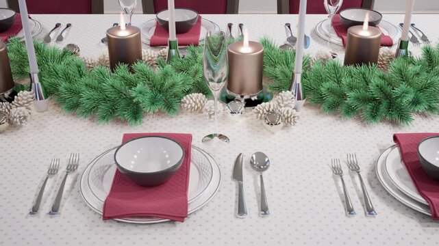 Elegant Holiday Table Setting With Festive Decorations and Candles