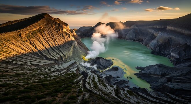 Kawah Ijen Volcano Scenic Landscape Acid Lake Sulfur Mine Sunrise East Java Indonesia Dramatic Volcanic Crater Scenery Destination
