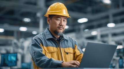 Construction Worker Using Laptop in Modern Industrial Environment, Wearing Yellow Hard Hat and Safety Jacket, Focused on Digital Tasks