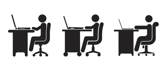 Office Workers Using Laptop Computers in Workplace Simple Icon Set, vector illustration