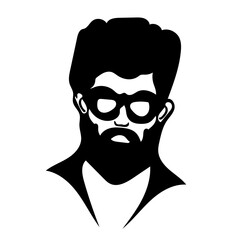 black and white vector illustration of a bearded man wearing glasses. 