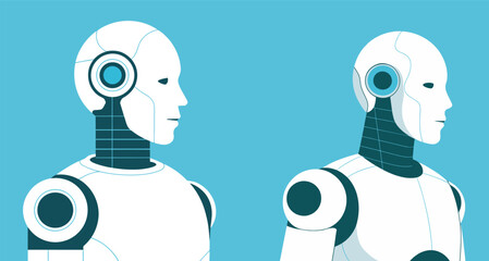Two sleek robots standing side by side on a blue background, vector illustration