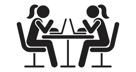 Two women working on laptops at desk icon illustration, vector 