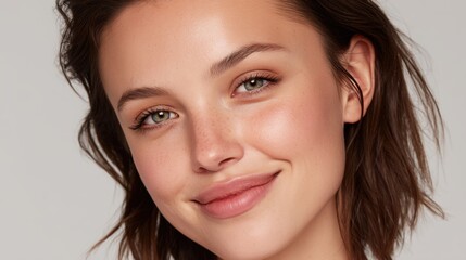 Obraz premium Young woman with natural beauty showcasing radiant skin and a friendly smile, wearing light makeup on a neutral background for a fresh look