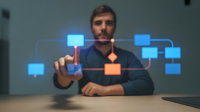 Man interacting with a digital flowchart on a holographic interface, illustrating a process or system in a technological environment