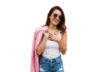 Young woman wearing sunglasses and a pink jacket isolated on transparent background