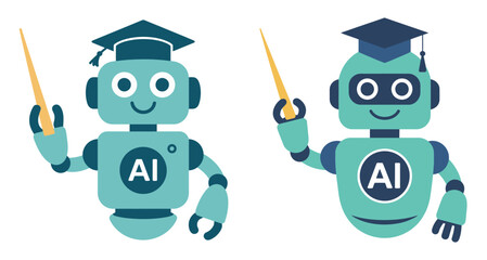 Two Friendly AI Robots Educating with Graduation Caps and Pointer Sticks, vector illustration