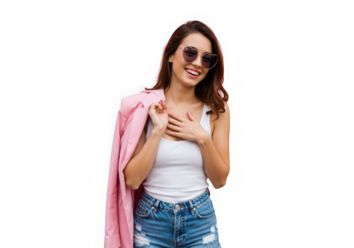 Young woman wearing sunglasses and a pink jacket isolated on transparent background
