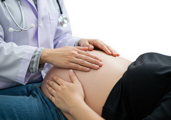 Doctor examining pregnant belly isolated on transparent background