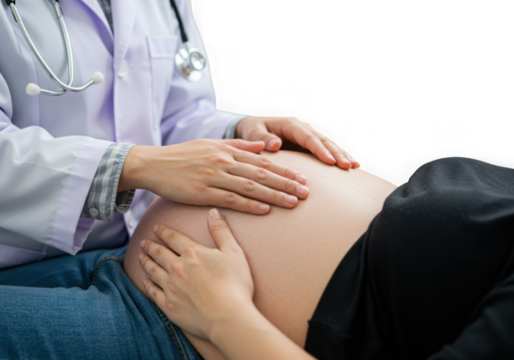 Doctor examining pregnant belly isolated on transparent background