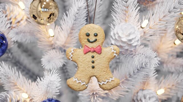 Gingerbread Man Ornament Hanging on a Beautifully Decorated Christmas Tree