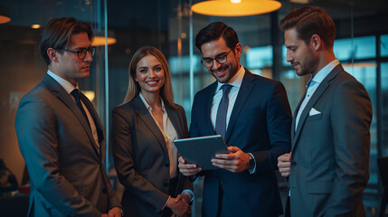 Group of business professionals in formal suits discussing project on digital tablet in modern office, teamwork and corporate strategy meeting concept with confident leadership and collaboration