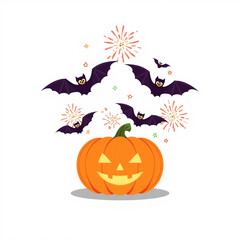 Naklejka premium Halloween Pumpkin Jack-O’-Lantern with Flying Bats and Fireworks Vector Illustration