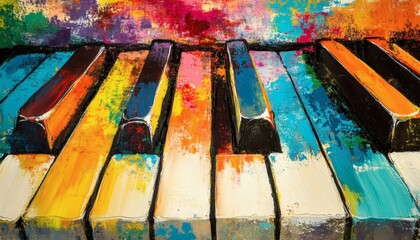 The image shows a close-up view of a piano keyboard depicted in an abstract painting style with vibrant colors and visible brushstrokes.