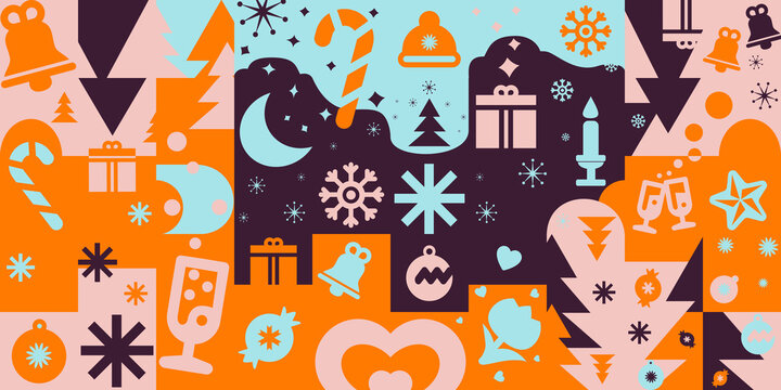Modern neon Christmas pattern in bold orange, pink, and turquoise colors. Seamless festive background with contemporary geometric icons and joyful energy.