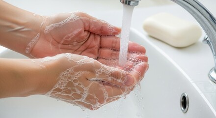 Fototapeta premium Close-up of hands washing with soap and water for hygiene and cleanliness