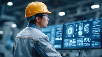 Worker in Hard Hat Analyzing Data on High-Tech Monitors in Modern Industrial Environment