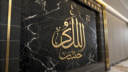 Golden arabic calligraphy on black marble wall with gold trim decoration
