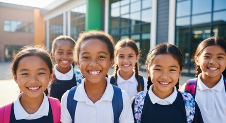 Diverse group of happy schoolchildren smiling outside a modern school building
