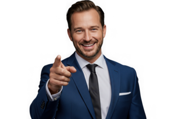 Smiling businessman points finger forward isolated on transparent background