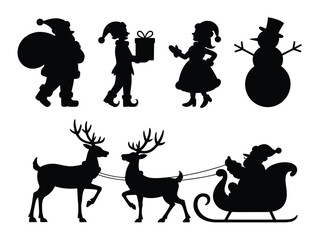 Christmas vector silhouettes santa claus reindeer snowman present gift elves sleigh scalable eps icon vector illustration white background