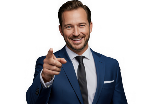Smiling businessman points finger forward isolated on transparent background
