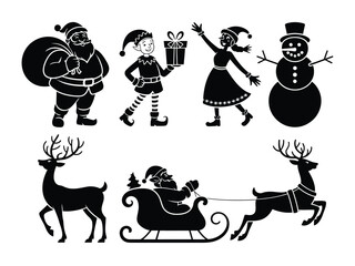 Festive christmas silhouette vector illustrations collection featuring santa claus elves reindeer snowman and sleigh vector illustration white background