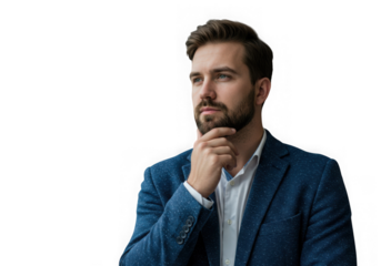 Thoughtful businessman in blue suit isolated on transparent background