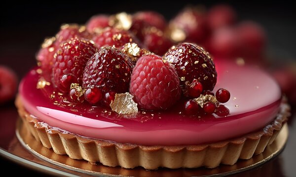 Raspberry tart dessert recipe with gold leaf and glaze for gourmet food blog and pastry chefs online