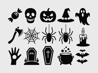Spooky halloween silhouette icons set vector scalable eps digital graphic elements for festive design vector illustration white background