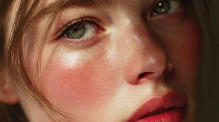 Naklejka premium Close-Up of Person with Natural Beauty and Radiant Skin, Highlighting Fresh Makeup, Melodic Eyes, and Subtle Facial Details for Beauty Editorial Use