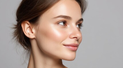 Fototapeta premium Portrait of a young woman with radiant skin and natural beauty against a neutral background showcasing elegance and simplicity in beauty photography