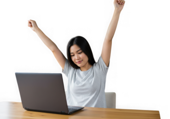 Woman celebrating success with arms raised in front of laptop isolated on transparent background