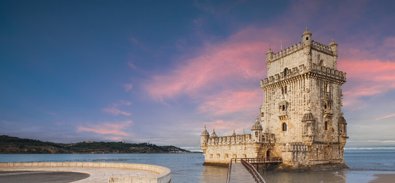 Castle in Lisbon Torre de Belem at Sunset. Popular historic building of stone at sunset