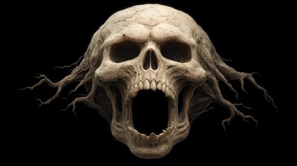 Obraz premium Realistic Human Skull with Creeping Roots Creating an Eerie and Haunting Atmosphere Against a Black Background